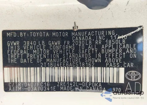 2010 Toyota Corolla Le z USA, uszkodzony, nr VIN 2T1BU4EE6AC518162